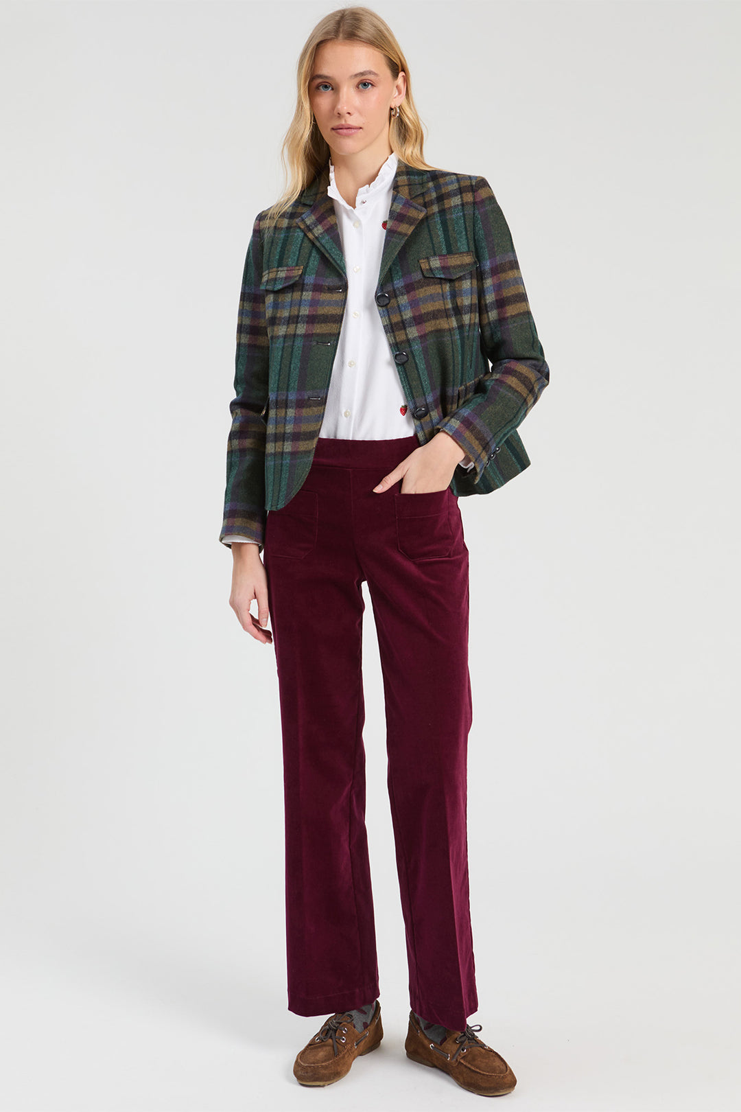 Vilagallo Italian Check Green Jacket, front view styled with a ruffled blouse