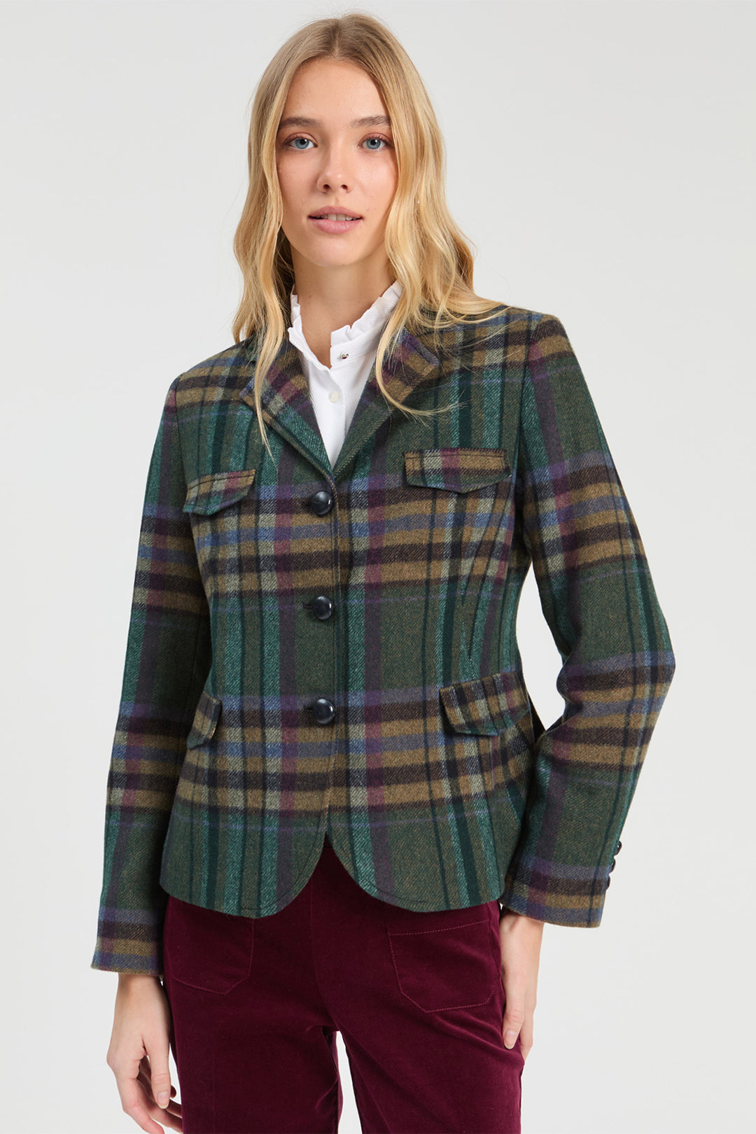 Vilagallo Italian Check Green Jacket, close detail of the button front and flap pockets