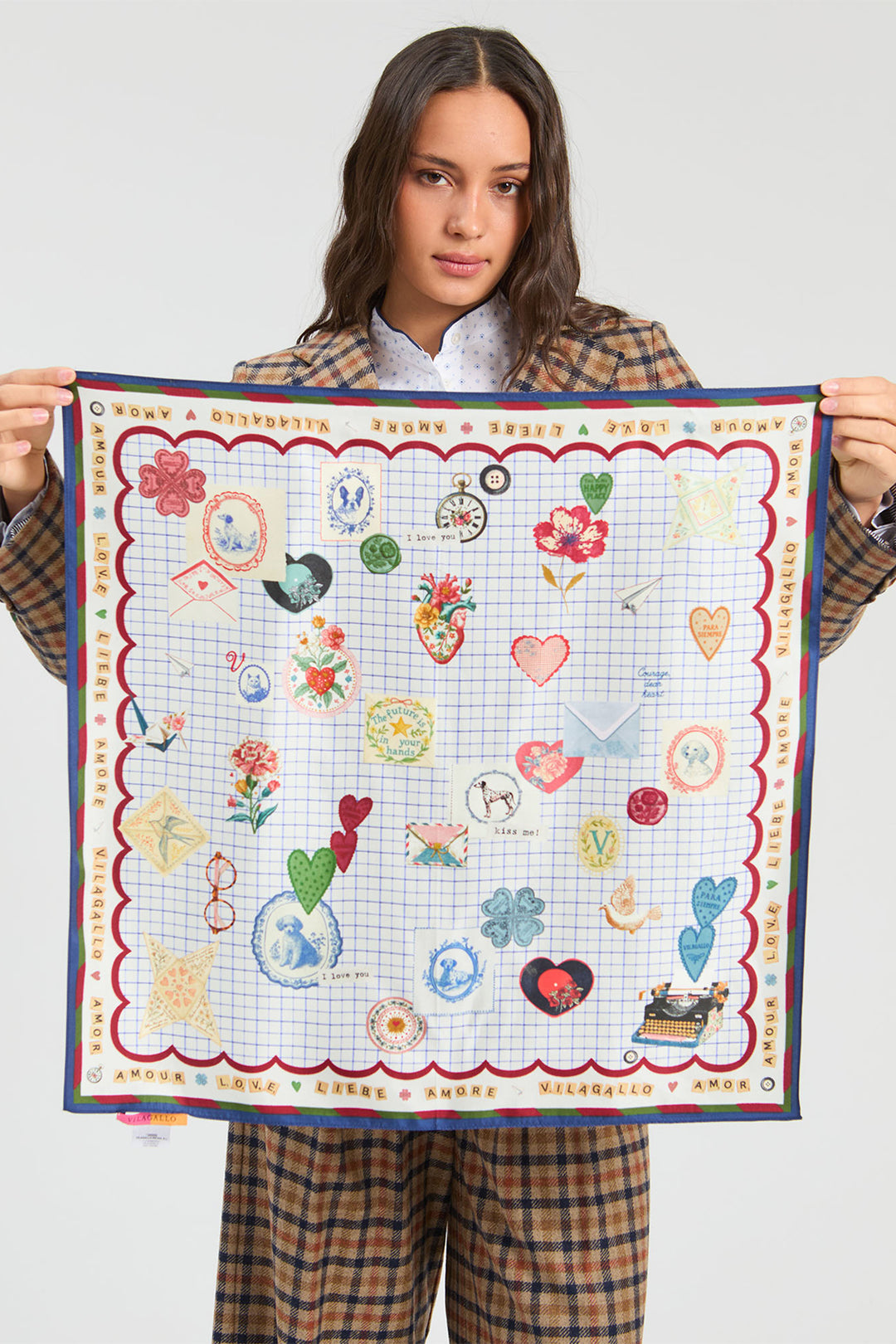 Vilagallo Love Multicolour Silk Scarf 34200, styled shot showing the heart and love print