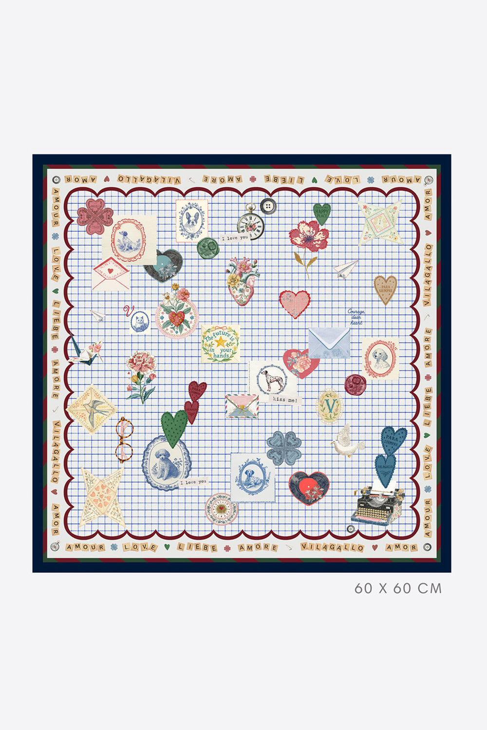 Vilagallo Love Multicolour Silk Scarf 34200, packshot showing full 60 x 60cm scarf