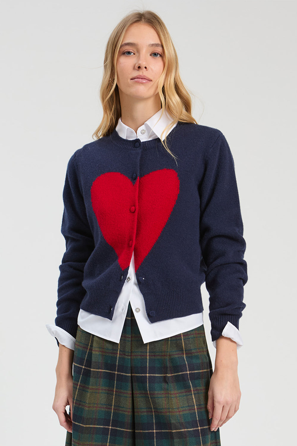 Vilagallo Navy & Red Hearts Jumper, close crop of heart motif