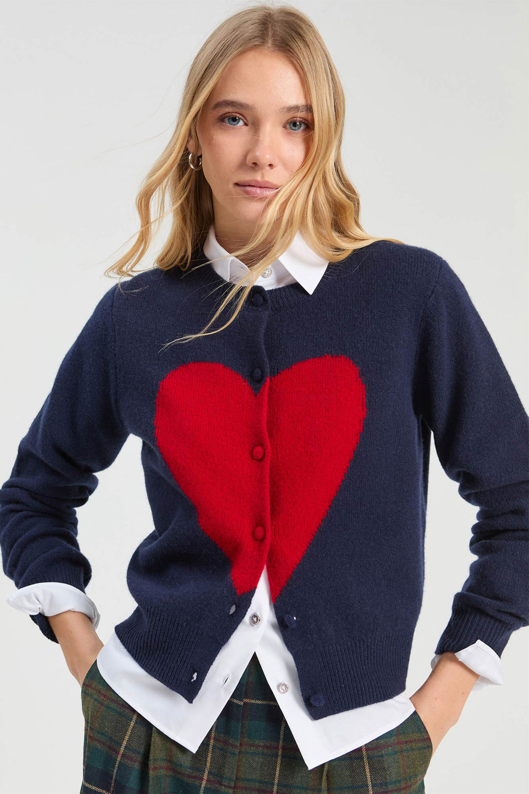 Vilagallo Navy &amp; Red Hearts Jumper, full length styled