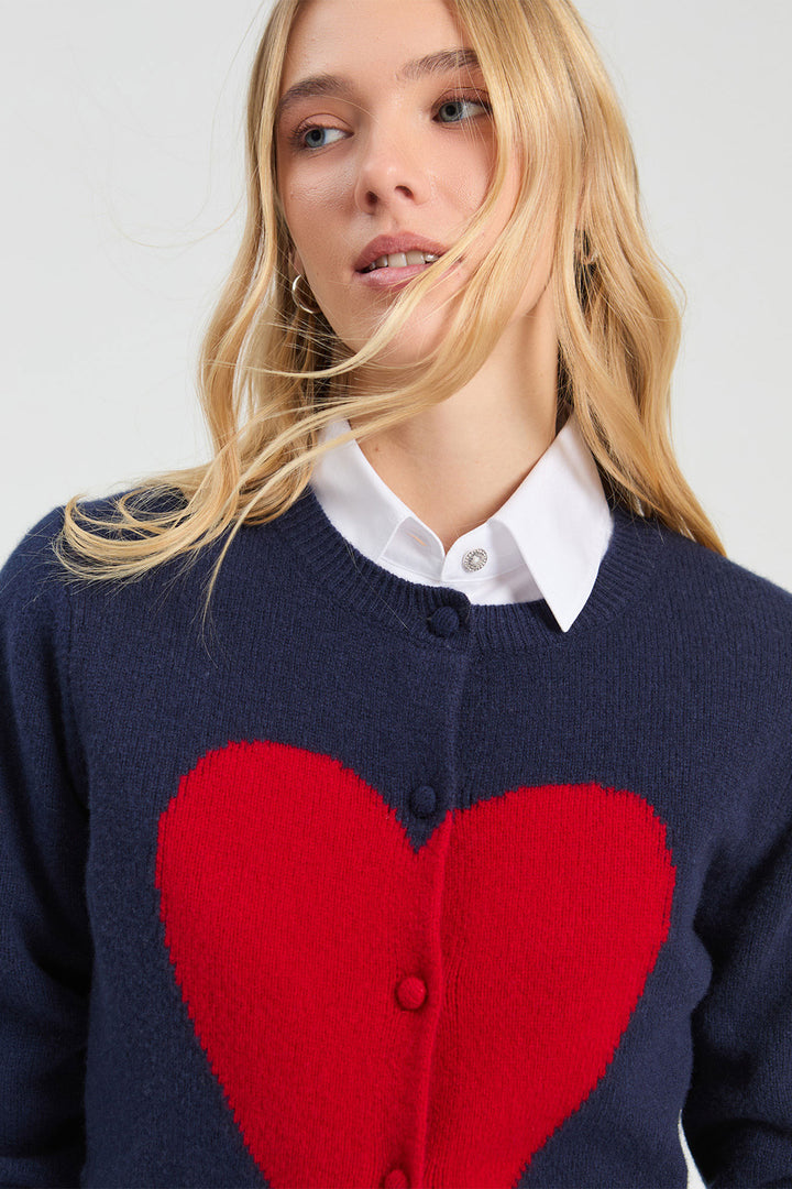 Vilagallo Navy &amp; Red Hearts Jumper, back view styled