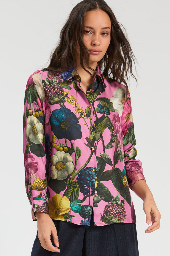Vilagallo Pink Floral Silk Blouse, front view styled