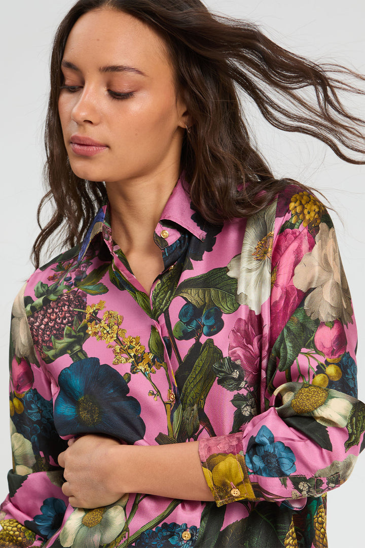Vilagallo Pink Floral Silk Blouse, full length styled