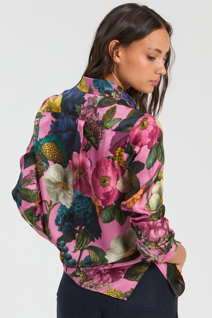 Vilagallo Pink Floral Silk Blouse, back view styled