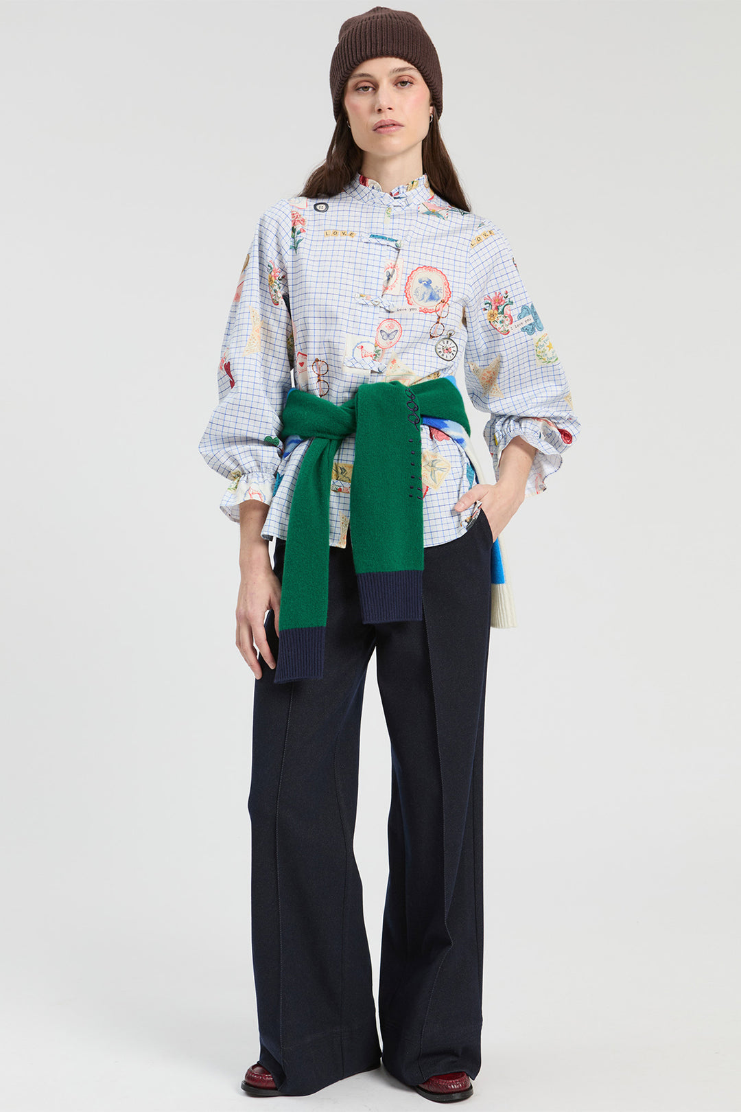 Vilagallo Stretch Navy Trousers, front view styled with a printed blouse