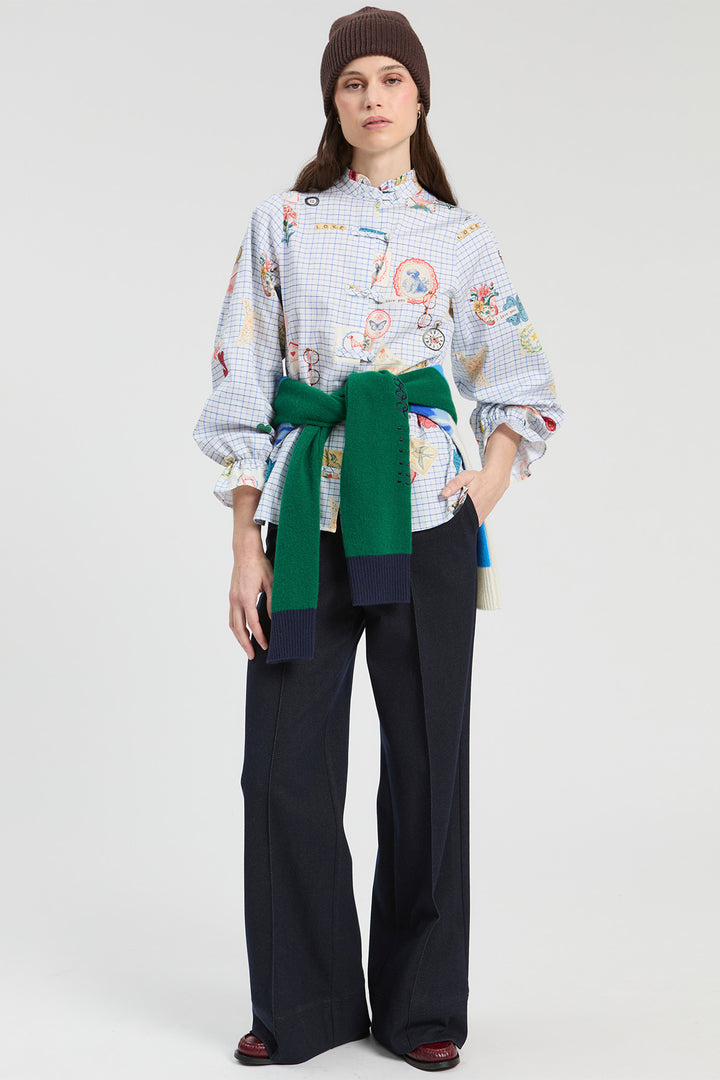 Vilagallo Stretch Navy Trousers, front view styled with a printed blouse