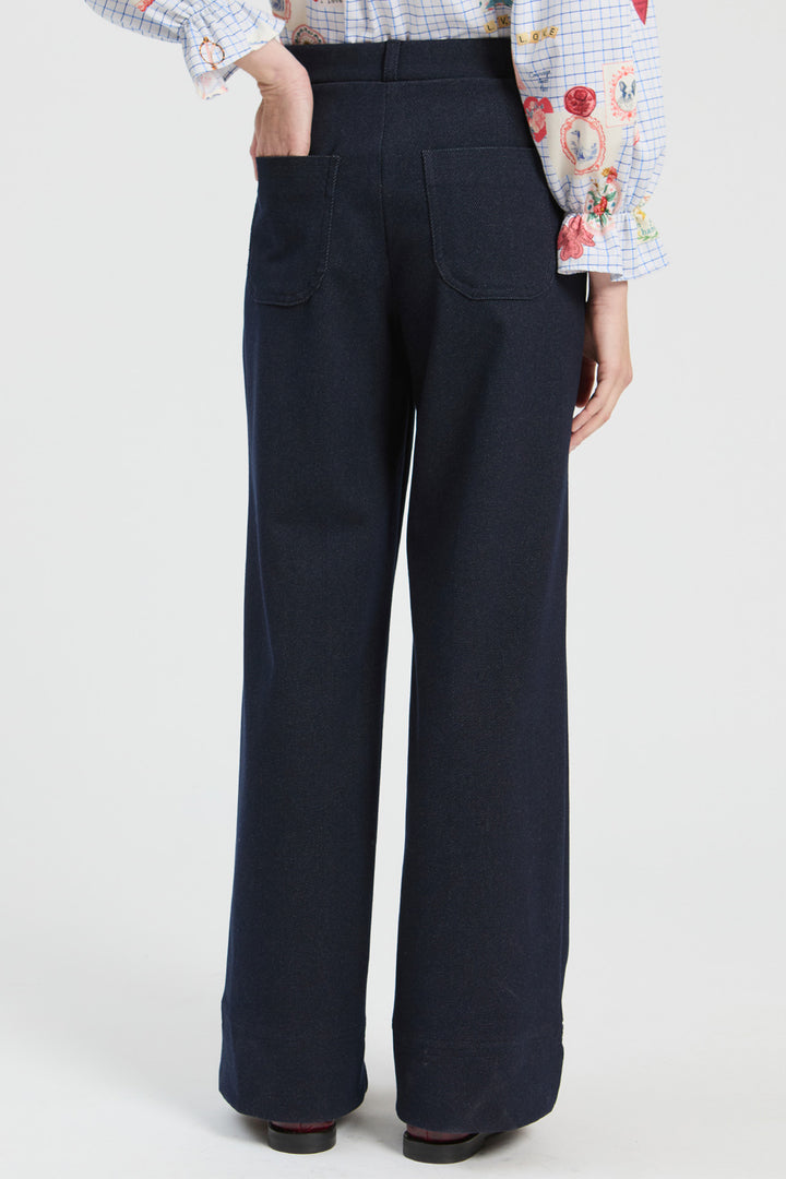 Vilagallo Stretch Navy Trousers, close back view showing the patch pockets