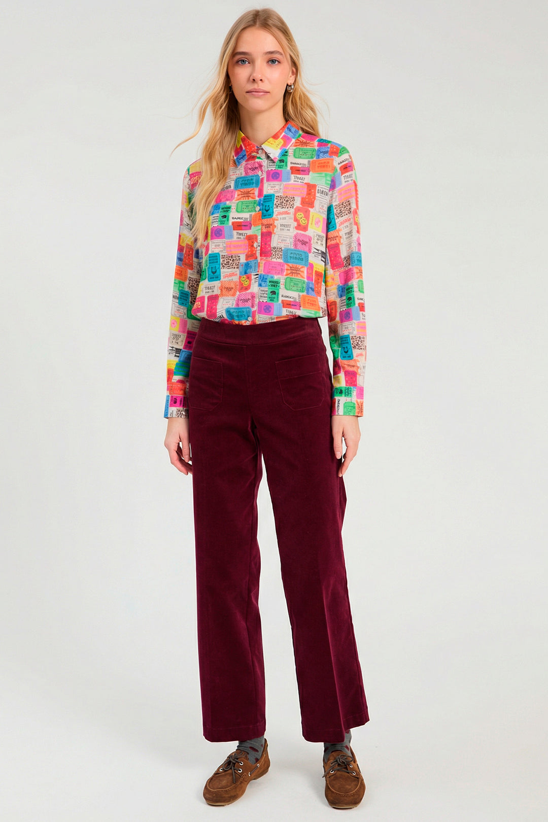 Vilagallo Tickets Print Multicolour Blouse, front view styled with velvet trousers