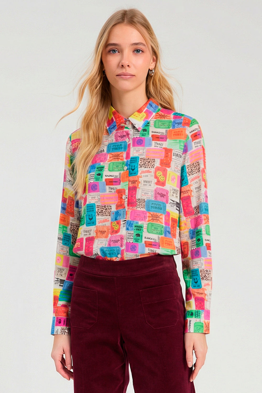 Vilagallo Tickets Print Multicolour Blouse, close crop of print detail
