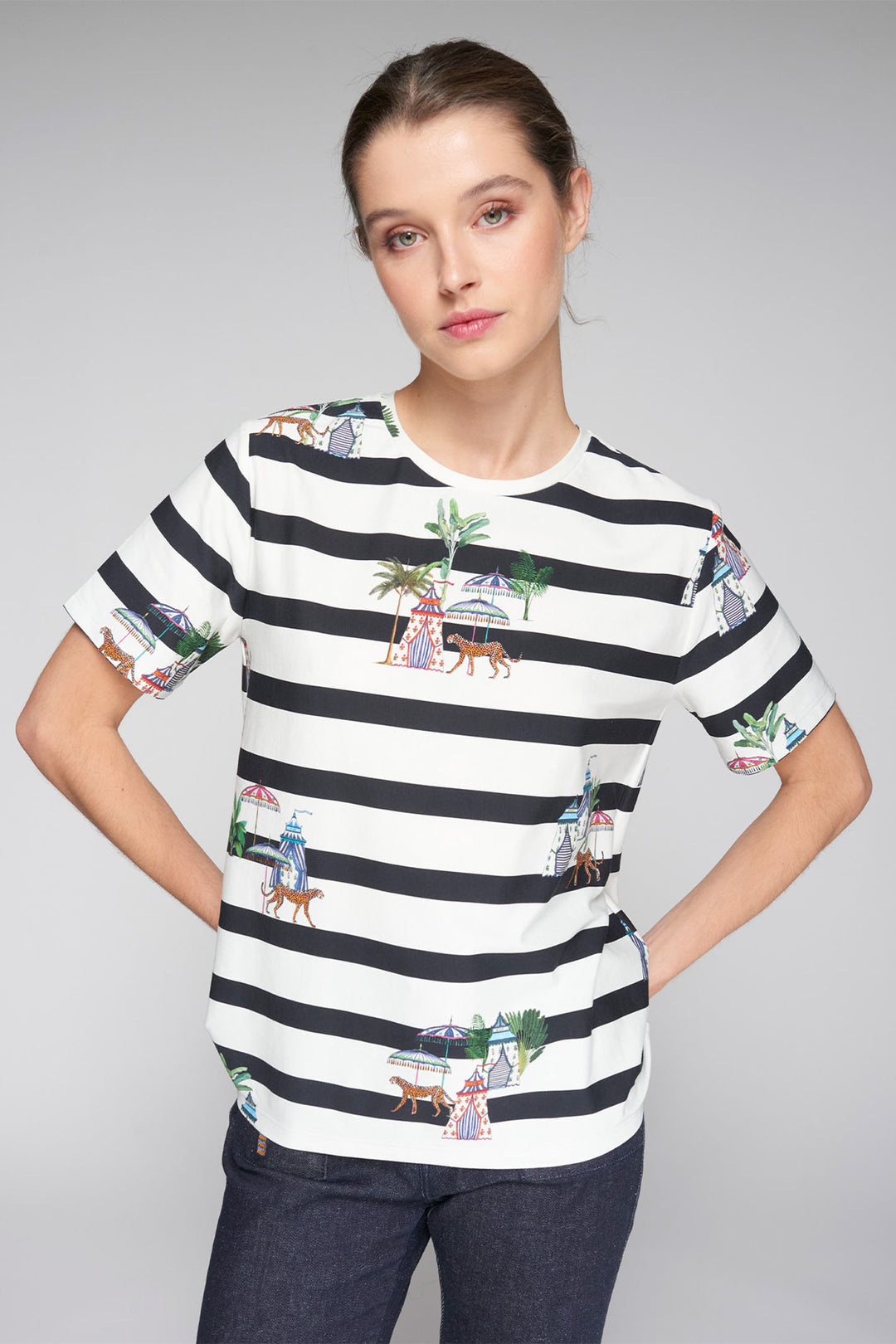 Vilagallo White Blue Stripe Cheetah Print T-Shirt Top 32571 - Olivia Grace Fashion