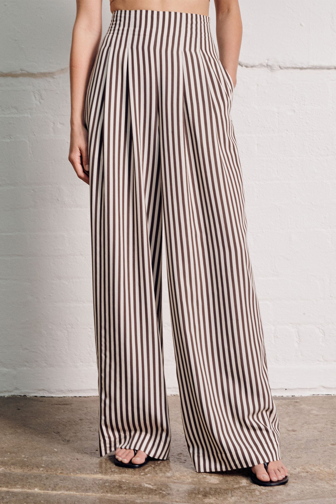 Vivere London Nellie Striped High Waist Palazzo Trousers Brown Cream VIV-194 - Olivia Grace Fashion