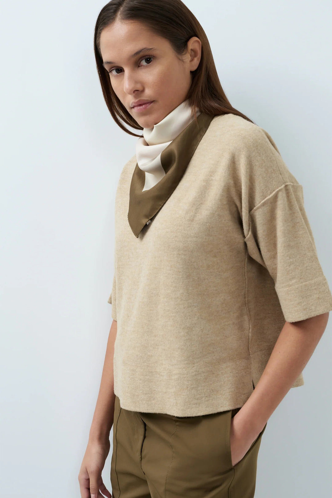 Olivia Grace Fashion - Yaya Beige Melange Oversized Knitted T-Shirt Jumper 01-000621-608 990822