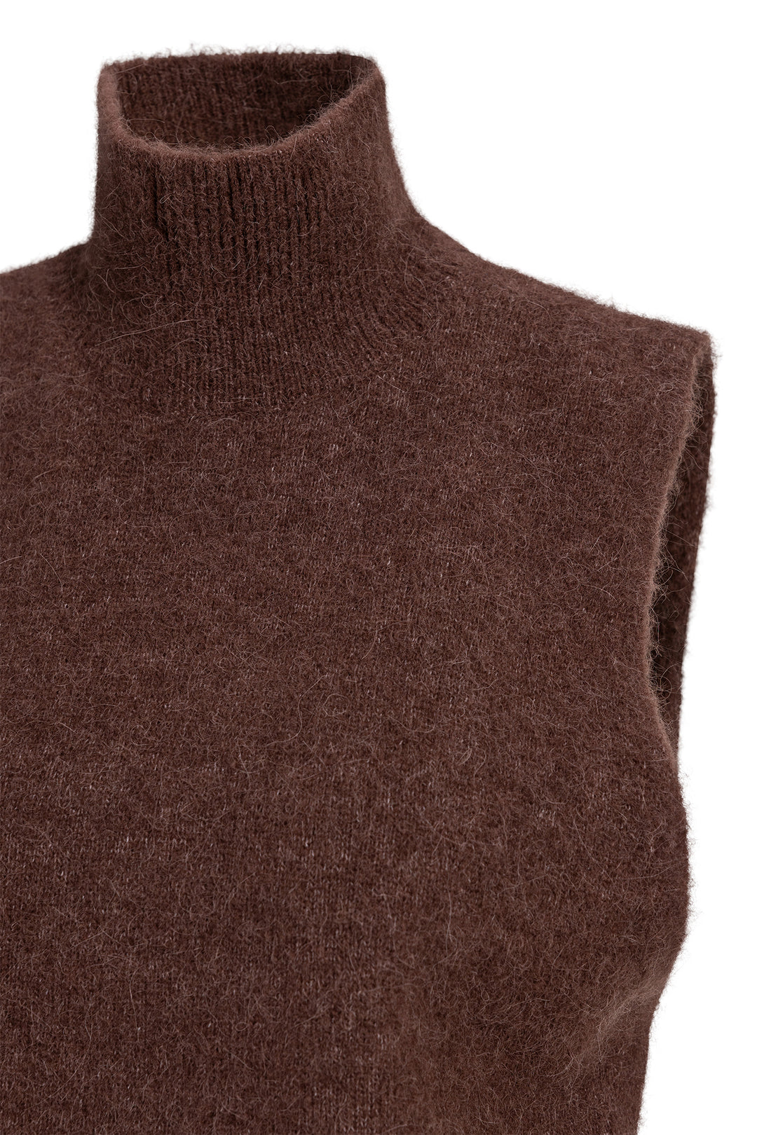 Yaya Bitter Chocolate Brown Sleeveless High Neckline Sweater, shoulder and armhole detail