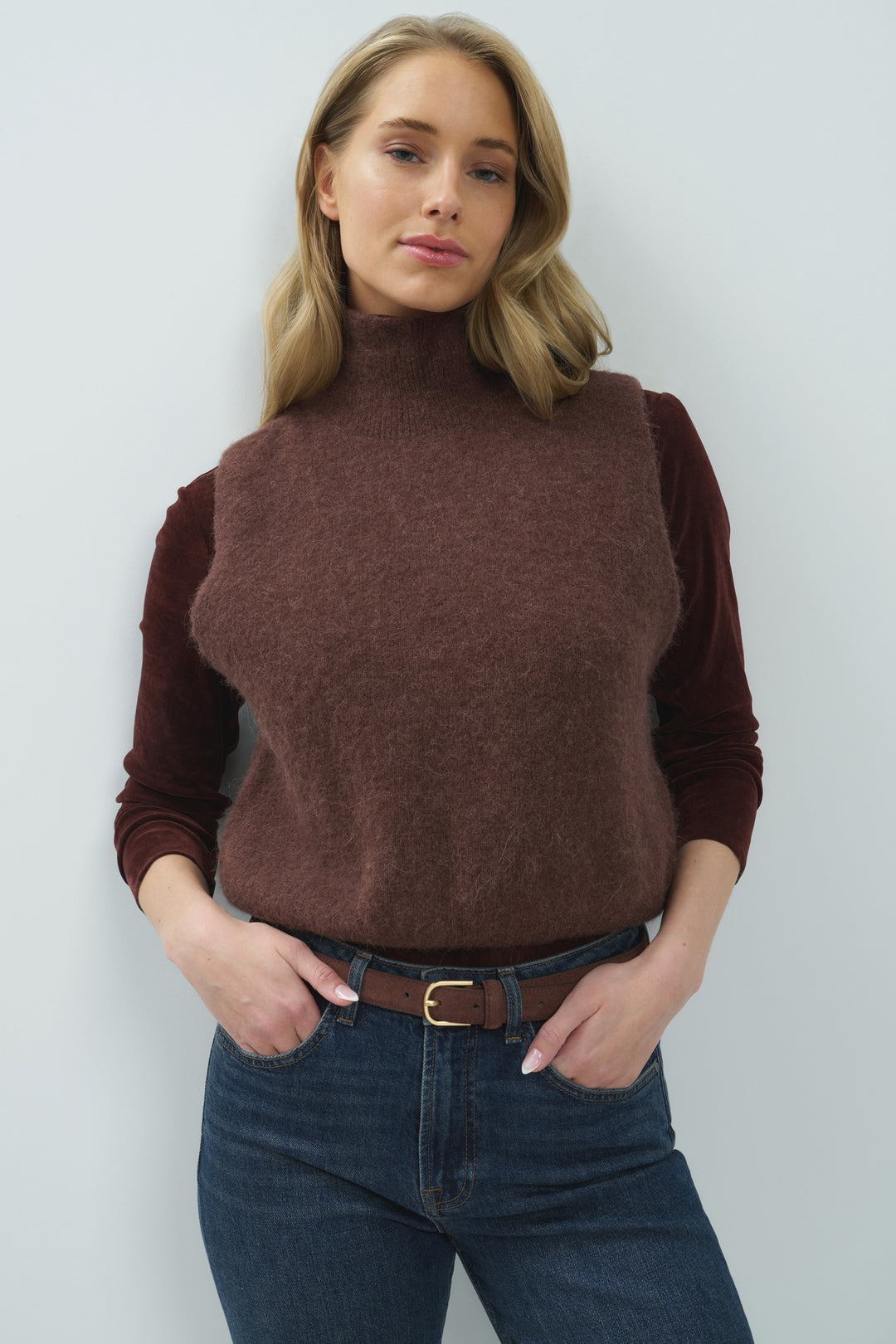 Yaya Bitter Chocolate Brown Sleeveless High Neckline Sweater, styled lookbook look 1