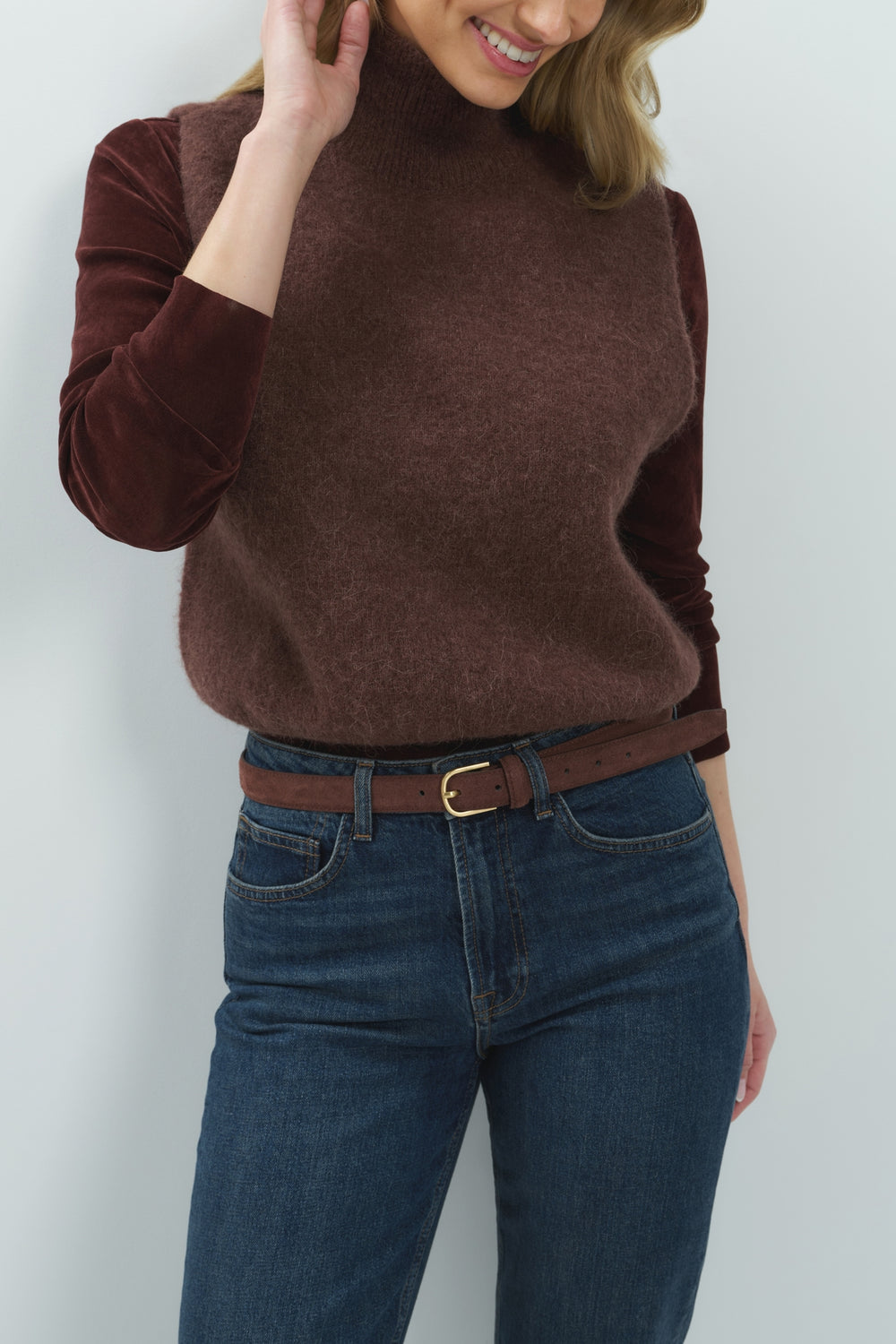 Yaya Bitter Chocolate Brown Sleeveless High Neckline Sweater, styled lookbook look 2