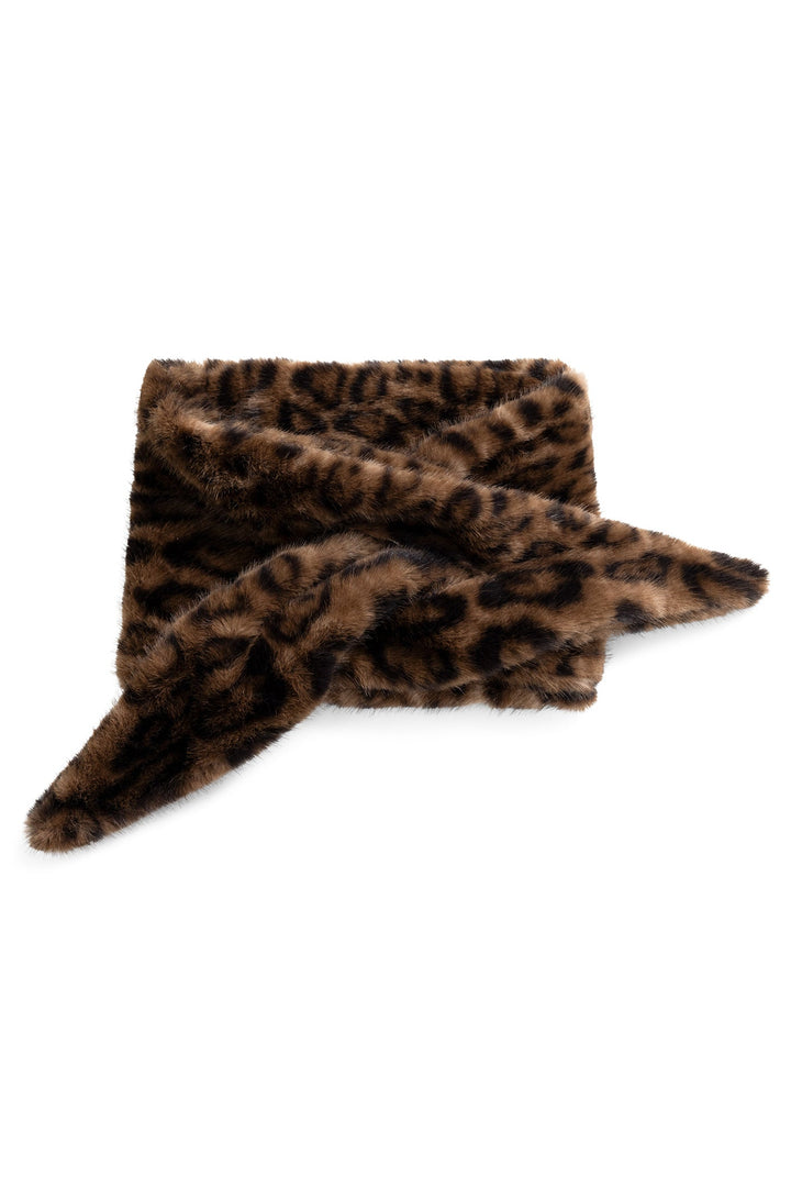 Yaya Cocoa Brown Dessin Faux Fur Leopard Scarf, front view styled