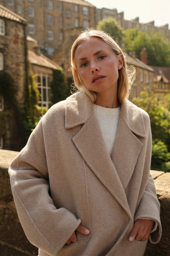 Yaya Cornstalk Brown Melange Beige Trousers, styled campaign look 8