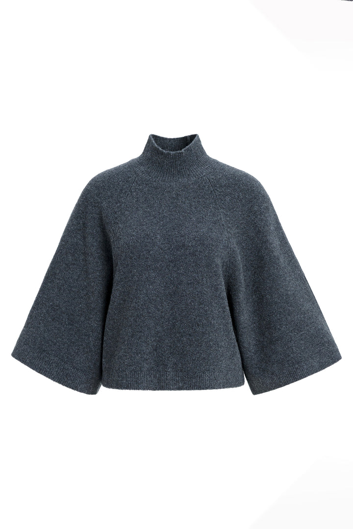 Yaya Dark Anthracite Melange Grey High Neckline Wide Sleeve Jumper, front view