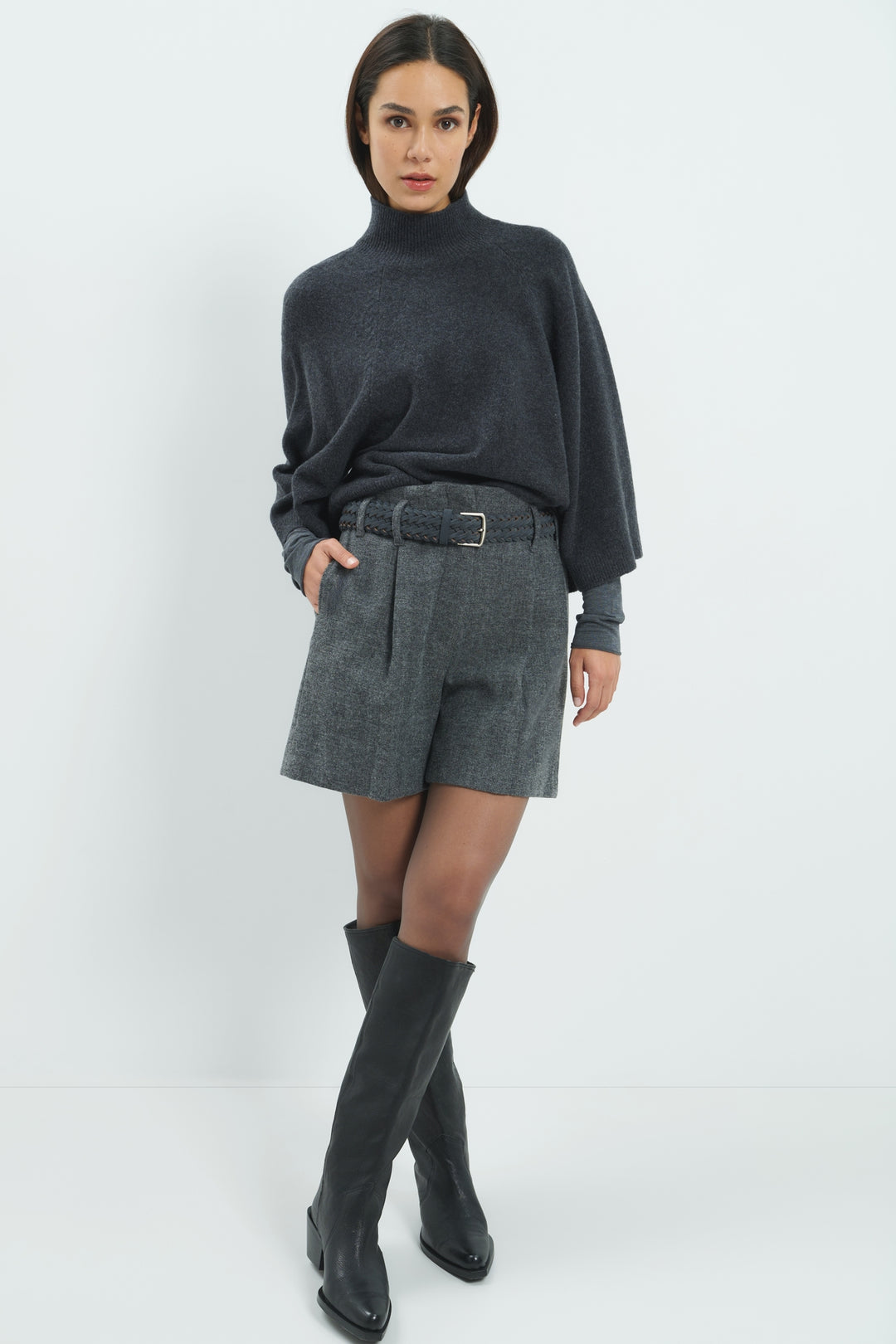 Yaya Dark Anthracite Melange Grey High Neckline Wide Sleeve Jumper, styled lookbook look 1