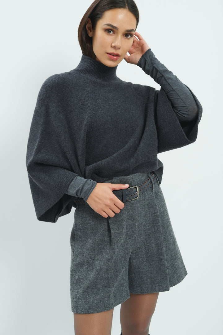 Yaya Dark Anthracite Melange Grey High Neckline Wide Sleeve Jumper, styled lookbook look 2