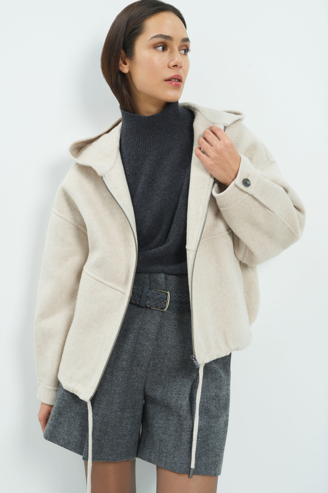 Yaya Dark Anthracite Melange Grey High Neckline Wide Sleeve Jumper, styled lookbook look 3