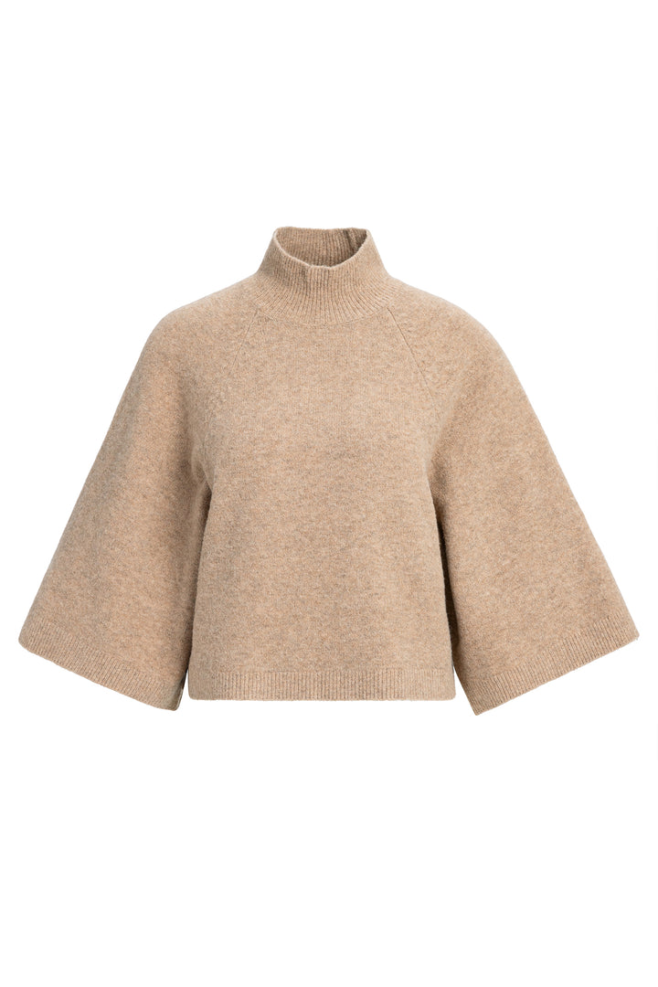 Yaya Dark Beige Melange High Neckline Wide Sleeve Jumper, front view