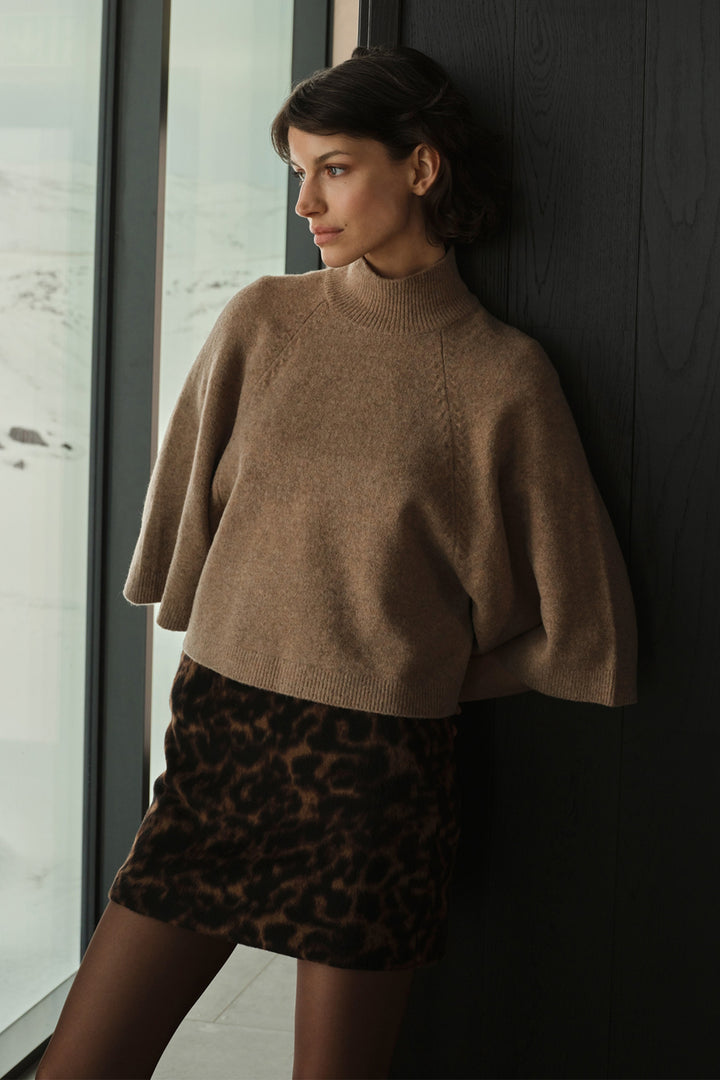 Yaya Dark Beige Melange High Neckline Wide Sleeve Jumper, styled campaign look 1