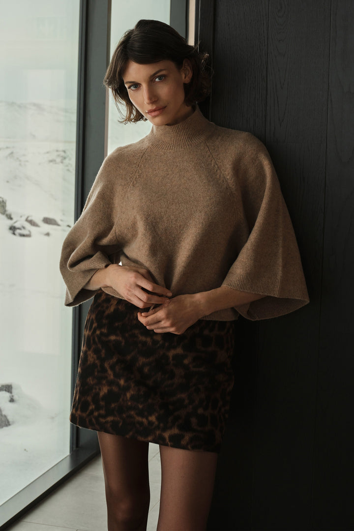 Yaya Dark Beige Melange High Neckline Wide Sleeve Jumper, styled campaign look 2