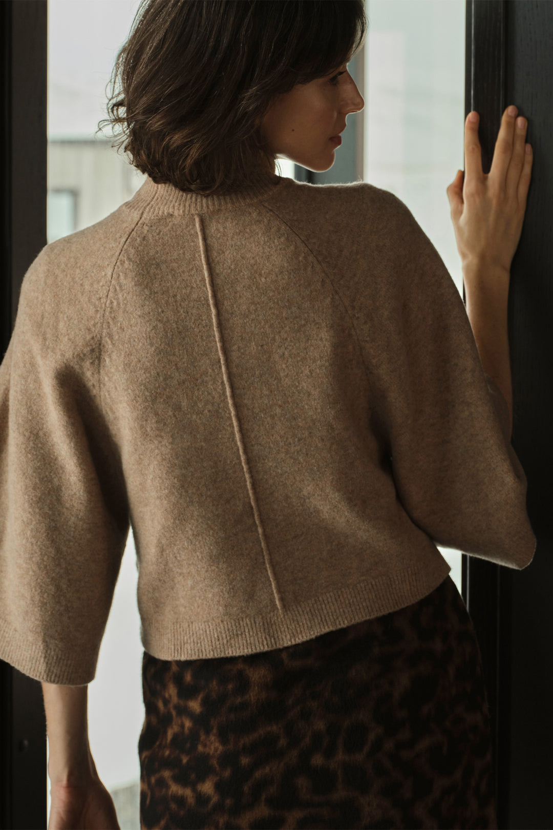 Yaya Dark Beige Melange High Neckline Wide Sleeve Jumper, styled campaign look 3