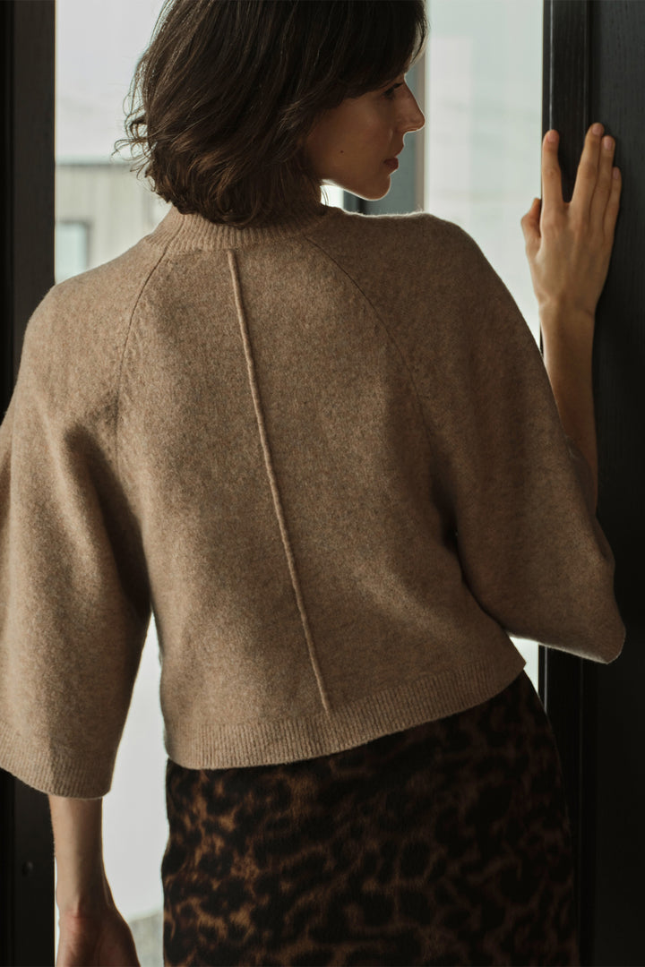 Yaya Dark Beige Melange High Neckline Wide Sleeve Jumper, styled campaign look 3