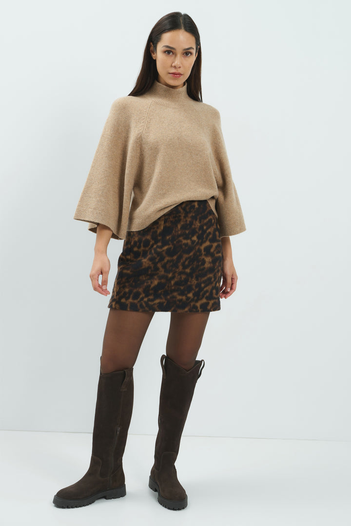 Yaya Dark Beige Melange High Neckline Wide Sleeve Jumper, styled lookbook look 5
