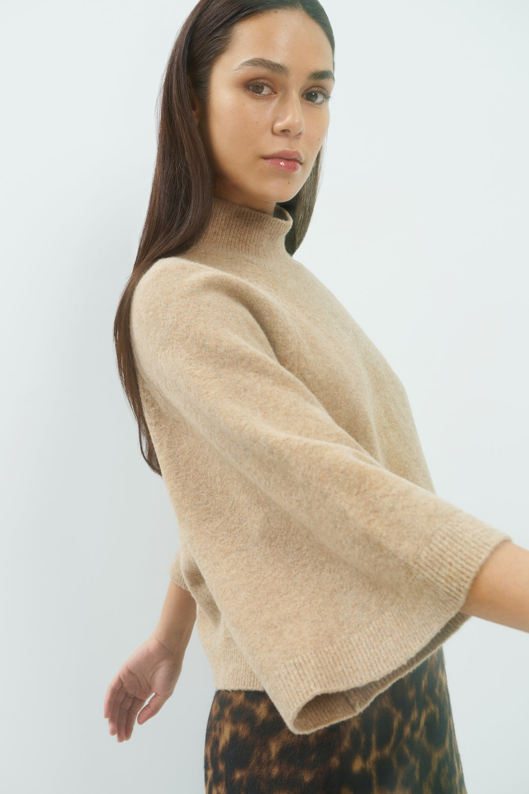 Yaya Dark Beige Melange High Neckline Wide Sleeve Jumper, styled lookbook look 6