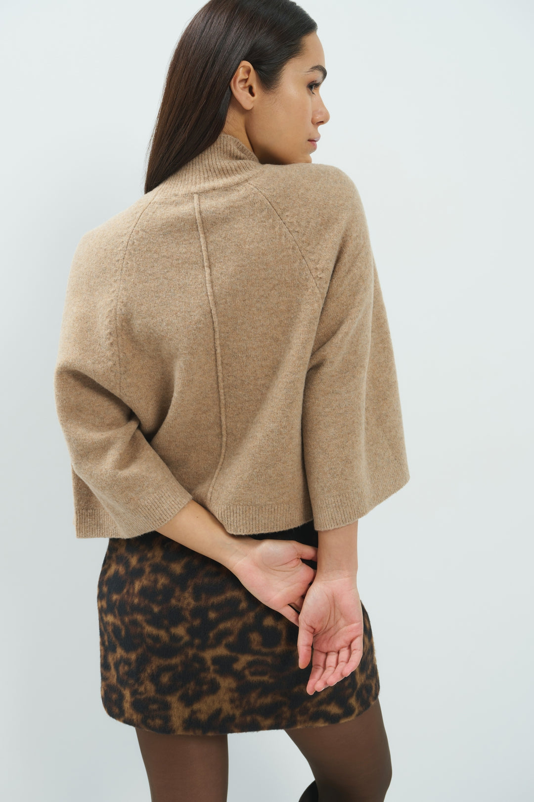 Yaya Dark Beige Melange High Neckline Wide Sleeve Jumper, styled lookbook look 7