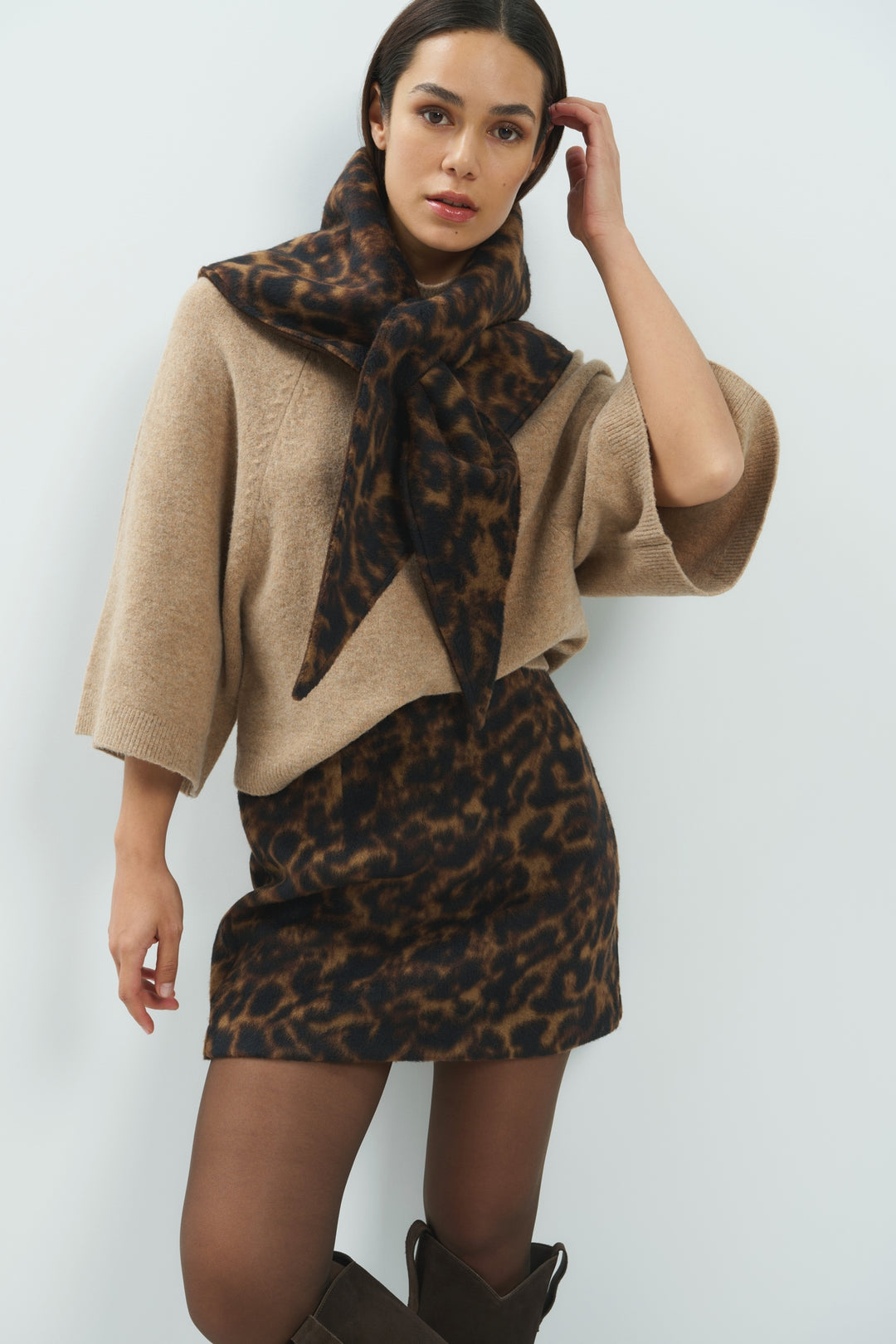 Yaya Dark Beige Melange High Neckline Wide Sleeve Jumper, styled lookbook look 8