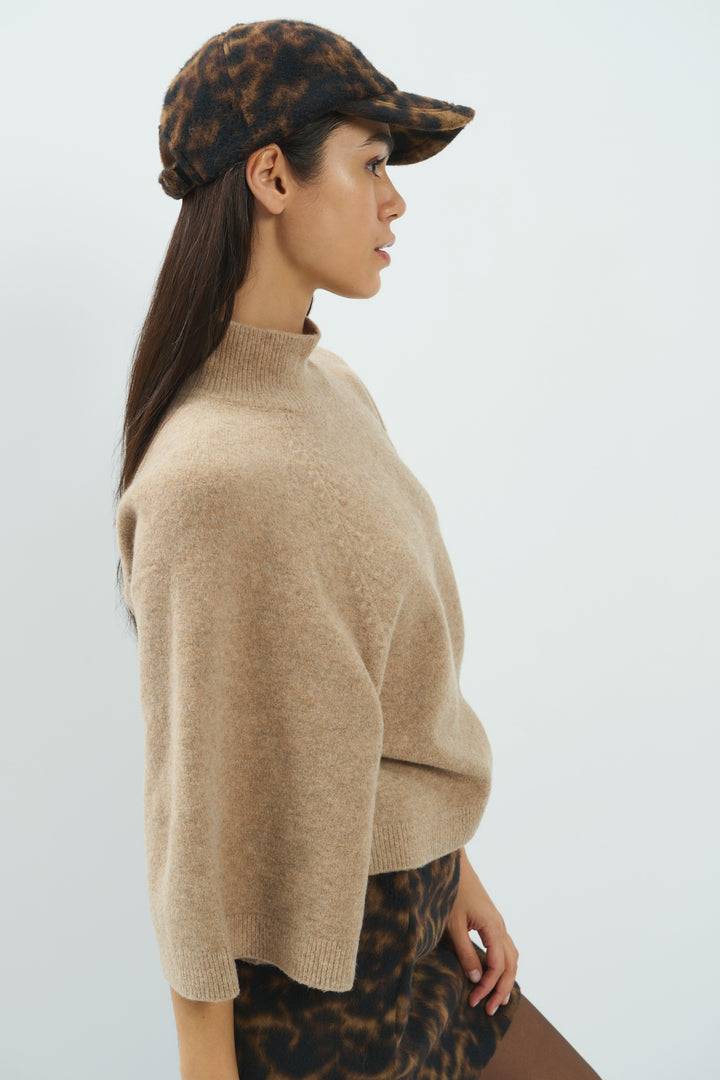 Yaya Dark Beige Melange High Neckline Wide Sleeve Jumper, styled lookbook look 9