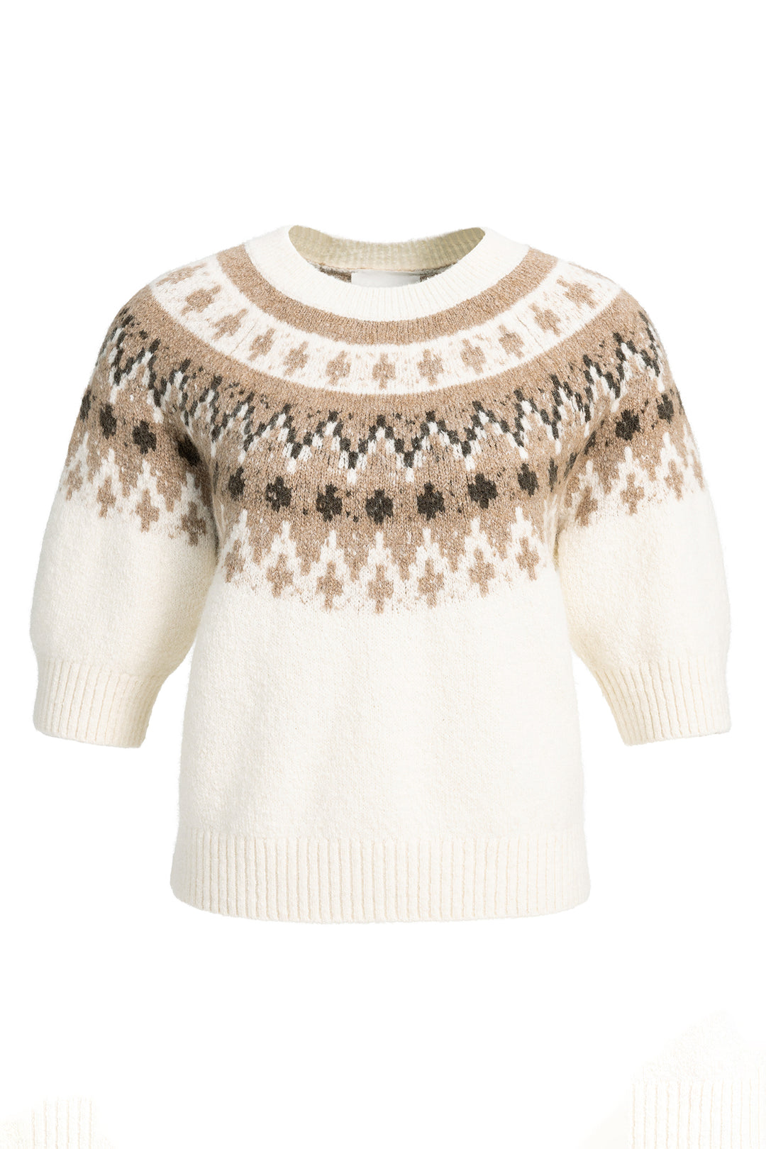 Yaya Dark Beige Melange Sweater With Nordic Jacquard Print, front view