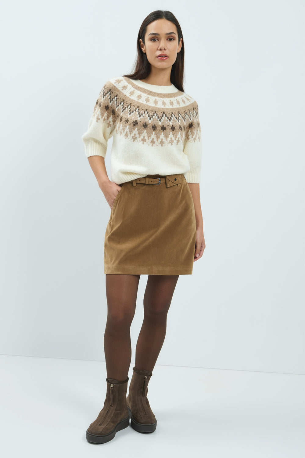 Yaya Dark Beige Melange Sweater With Nordic Jacquard Print, styled lookbook look 1