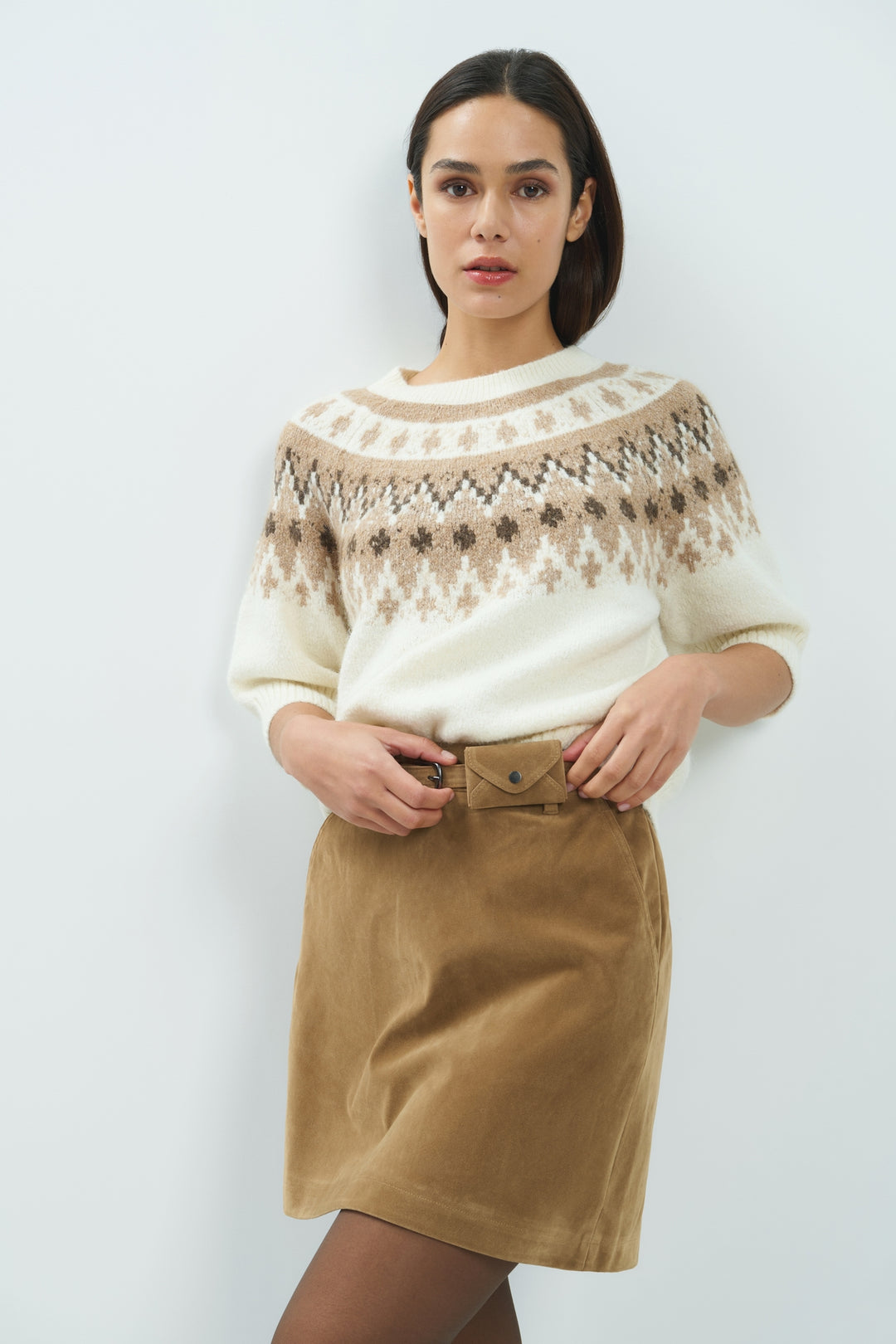Yaya Dark Beige Melange Sweater With Nordic Jacquard Print, styled lookbook look 2