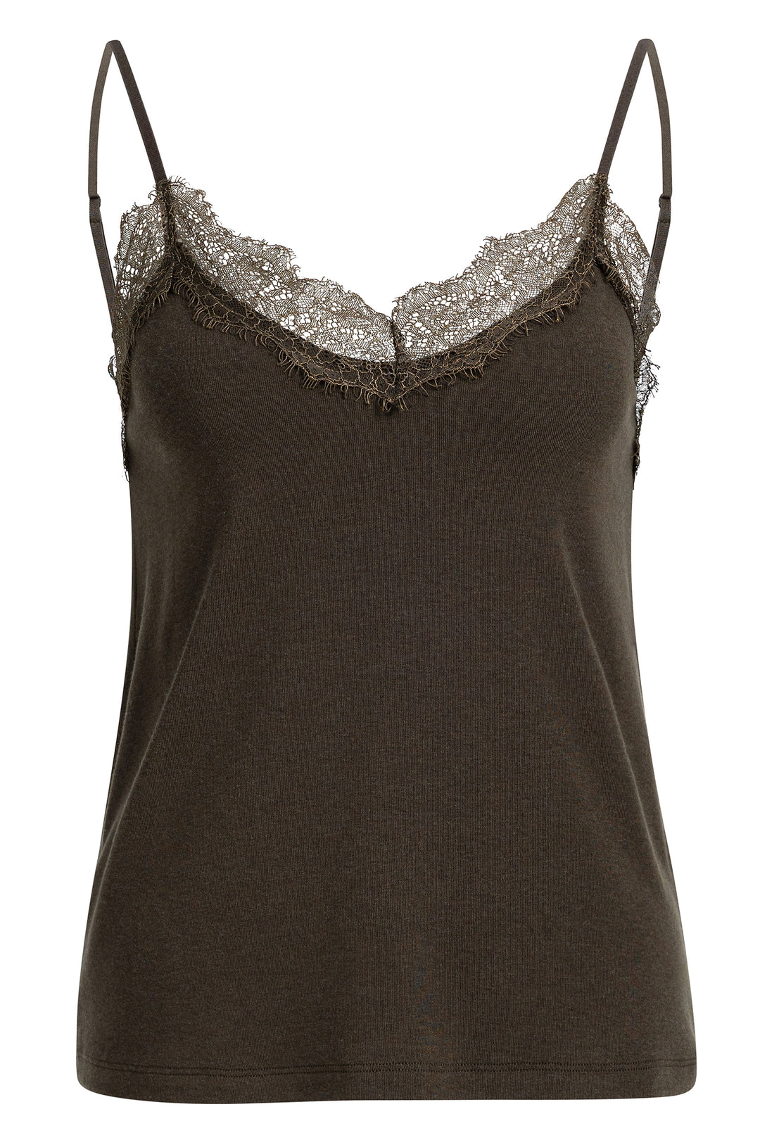 Yaya Delicioso Brown Jersey Singlet With Lace Edge, front view