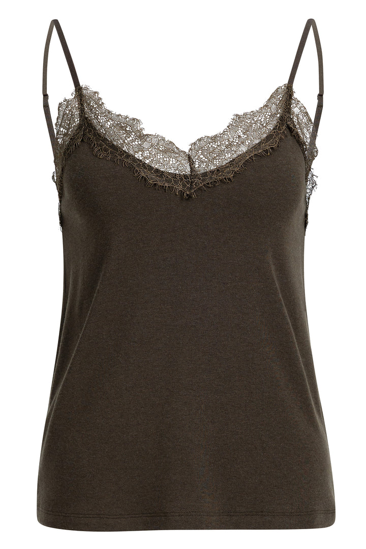Yaya Delicioso Brown Jersey Singlet With Lace Edge, front view