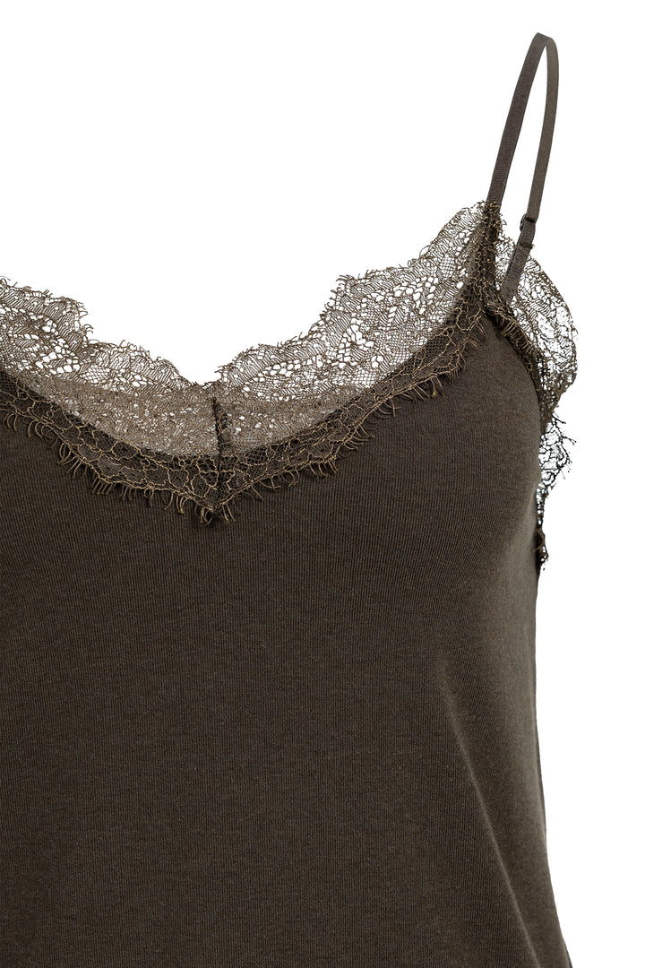 Yaya Delicioso Brown Jersey Singlet With Lace Edge, lace neckline detail