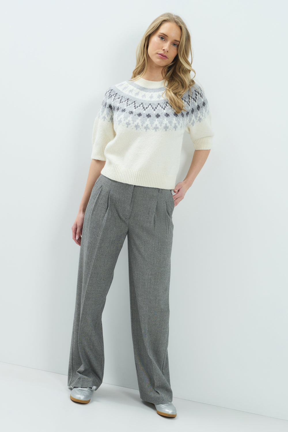 Yaya Illusions Gray Dessin Sweater With Nordic Jacquard Print, styled lookbook look 1
