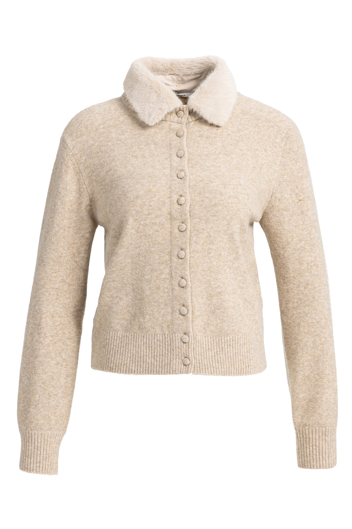 Yaya Light Beige Melange Cardigan With Detachable Collar, front view with faux fur collar