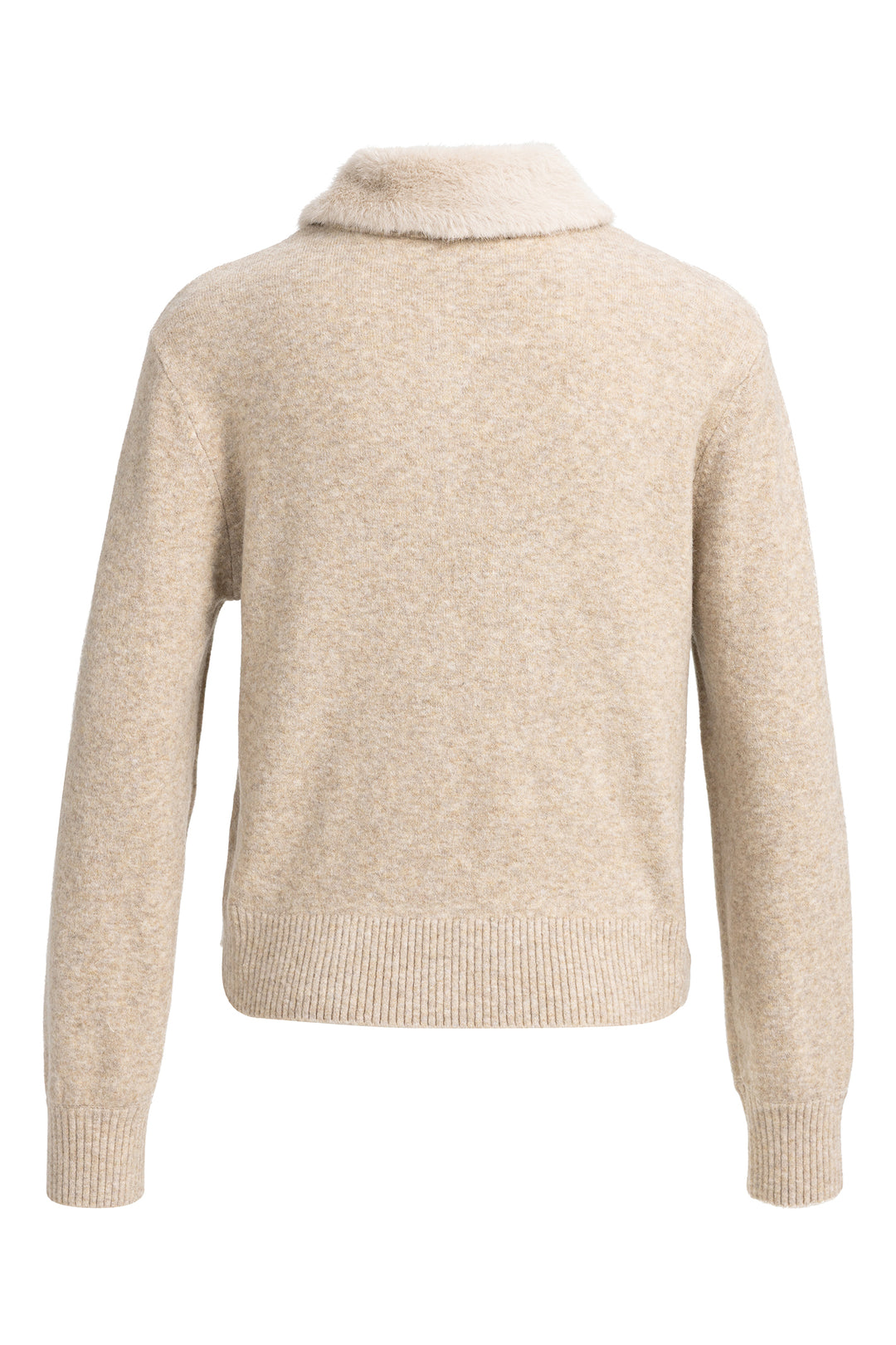 Yaya Light Beige Melange Cardigan With Detachable Collar, back view with faux fur collar
