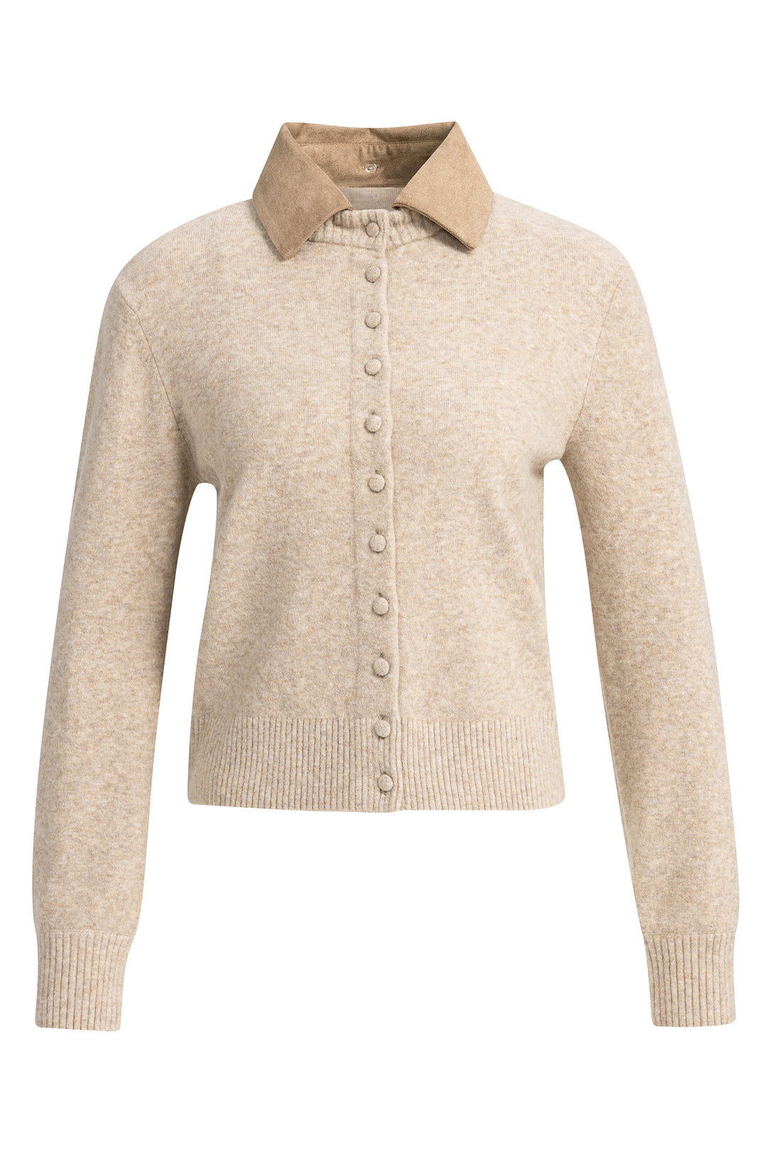 Yaya Light Beige Melange Cardigan With Detachable Collar, front view with suede collar
