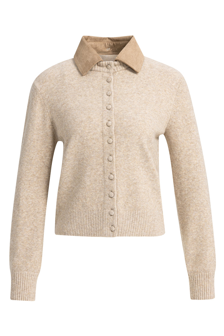 Yaya Light Beige Melange Cardigan With Detachable Collar, front view with suede collar