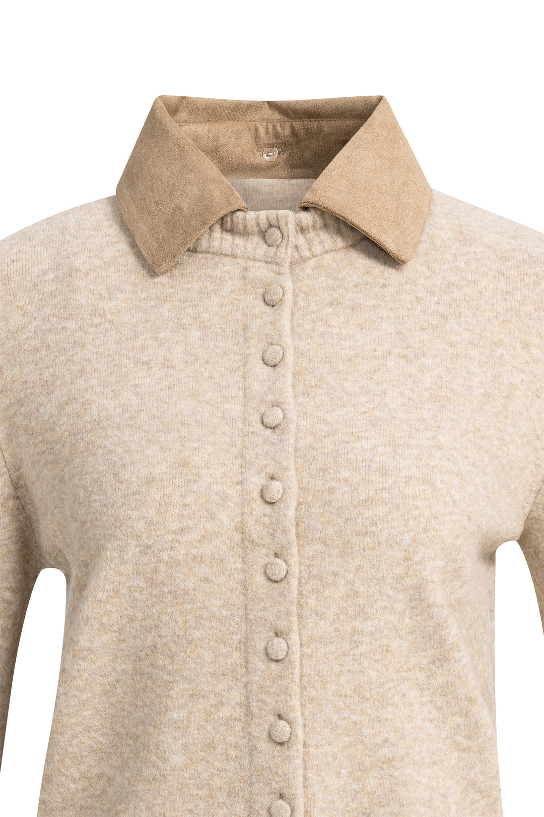 Yaya Light Beige Melange Cardigan With Detachable Collar, suede collar and button placket detail
