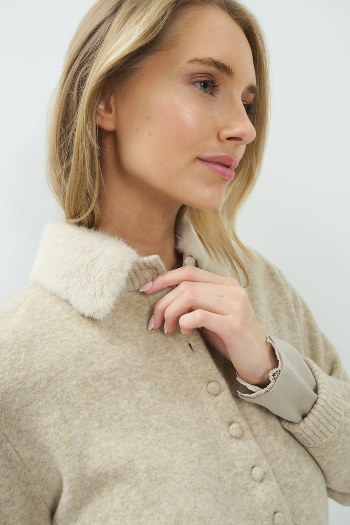 Yaya Light Beige Melange Cardigan With Detachable Collar, styled lookbook look 2